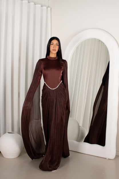 The BAYDAH Gown - Brown, cape sleeve beaded gown (image 4)
