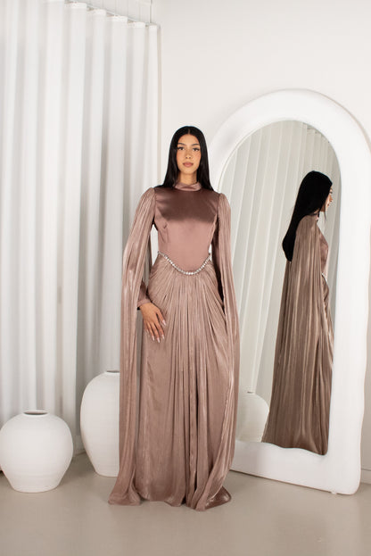 The BAYDAH Gown - Mocha, cape sleeve beaded gown (image 1)