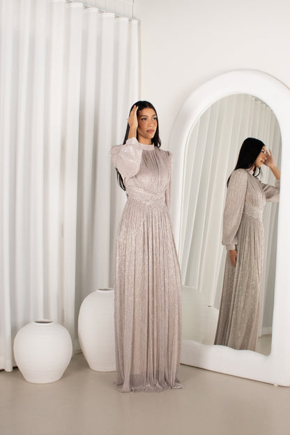 The HARA Gown - Silver, pleated beaded gown (image 1)