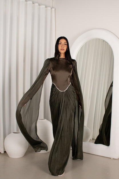 The BAYDAH Gown - Olive, cape sleeve beaded gown (image 4)