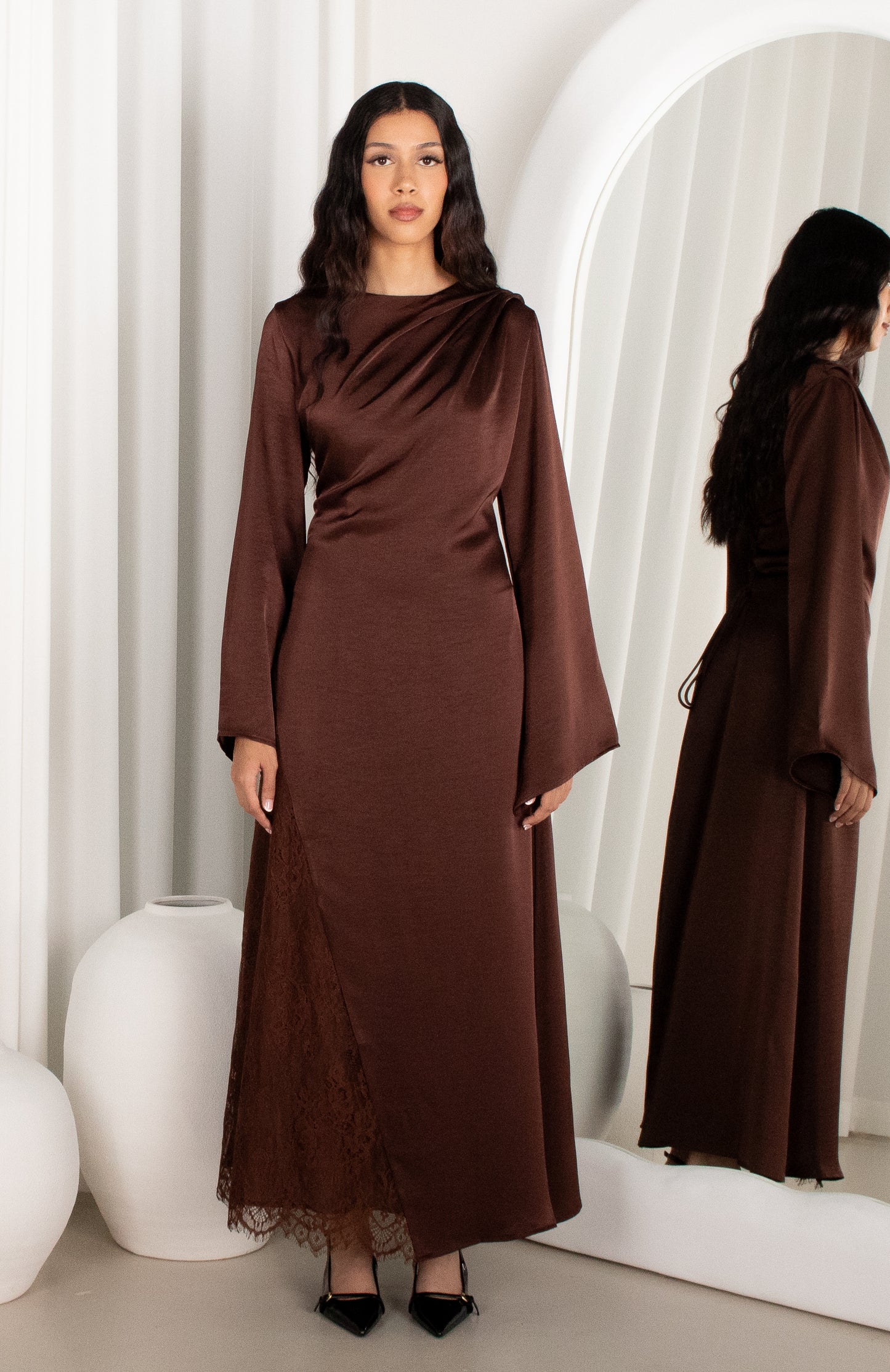 Brown satin lace maxi dress with draped neckline, Hadara Boutique