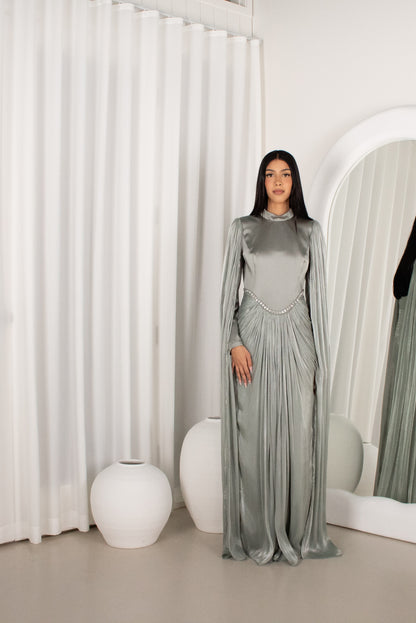 The BAYDAH Gown - Sage, cape sleeve beaded gown (image 1)