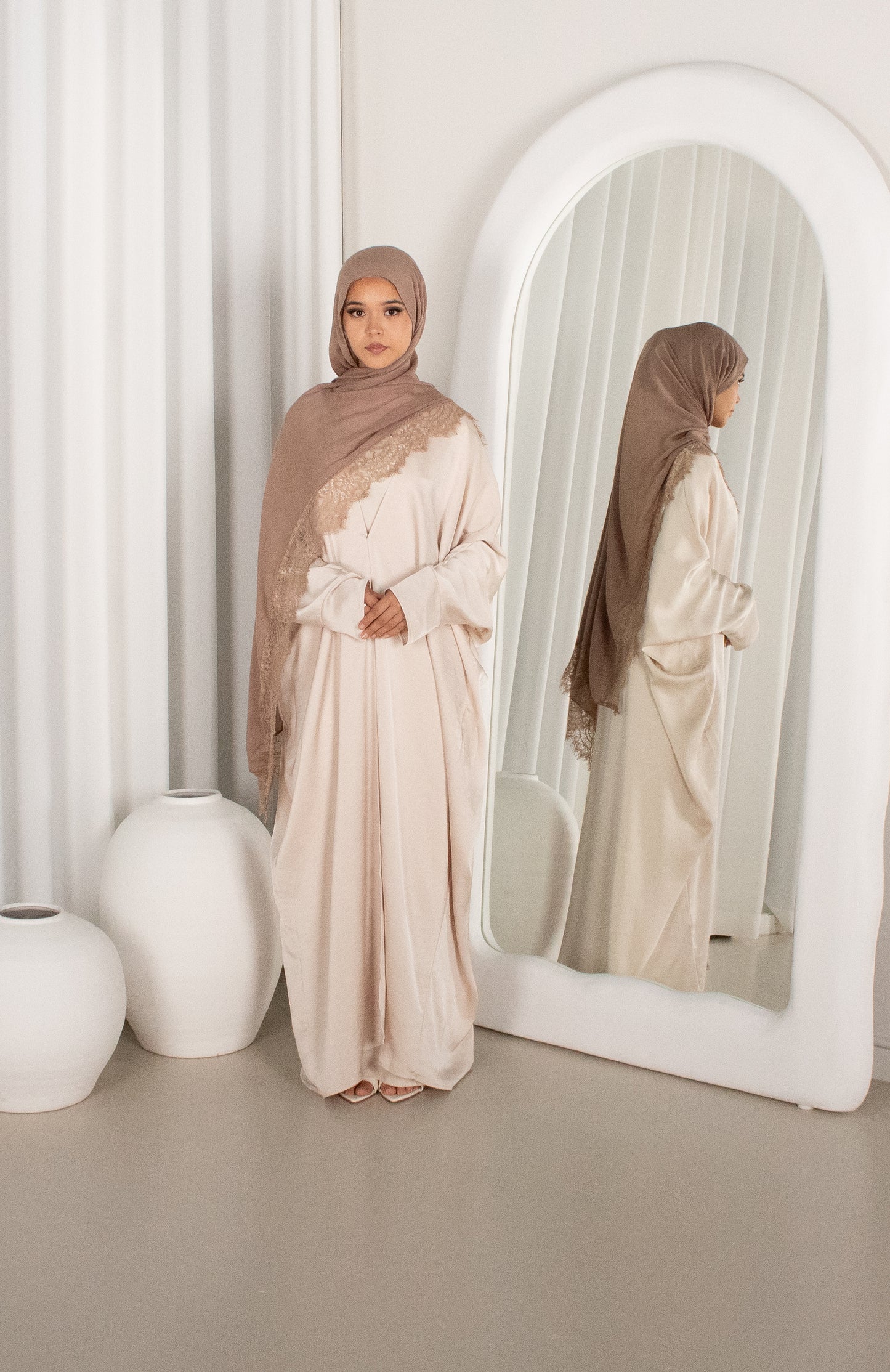 Cream open abaya for versatile modest layering, Hadara Boutique