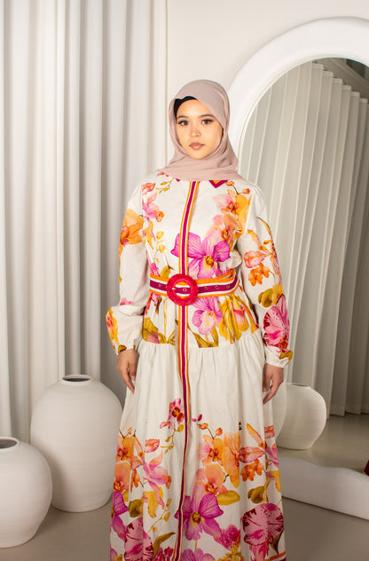 HAZAL Floral Belted Dress, modest maxi (image 3)