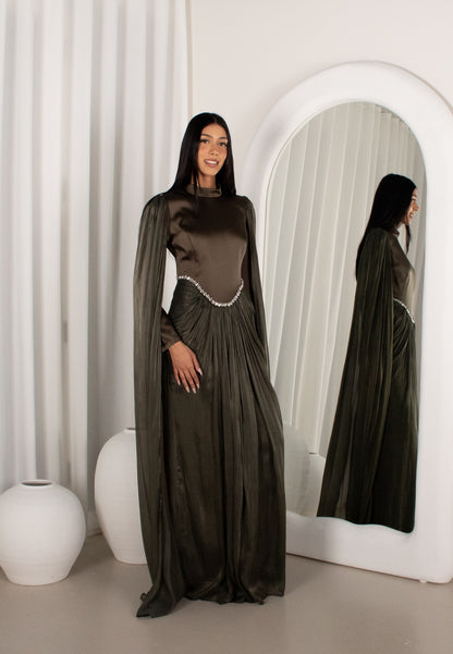 The BAYDAH Gown - Olive, cape sleeve beaded gown (image 2)