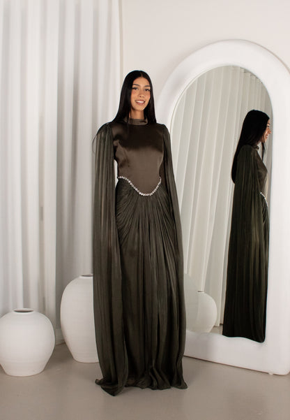 The BAYDAH Gown - Olive, cape sleeve beaded gown (image 1)