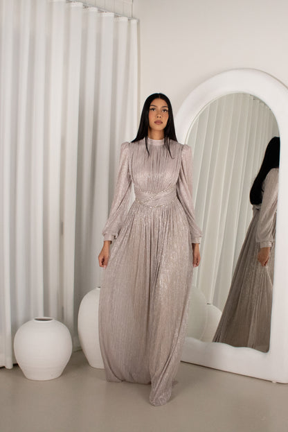 The HARA Gown - Silver, pleated beaded gown (image 2)