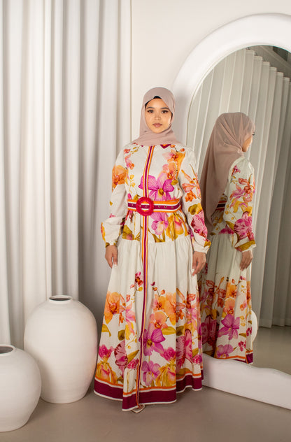 HAZAL Floral Belted Dress, modest maxi (image 1)