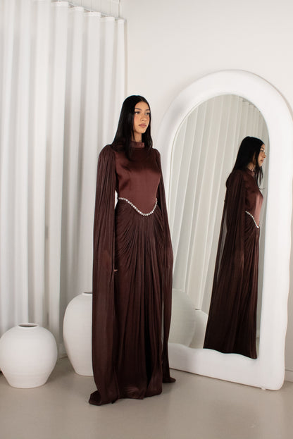 The BAYDAH Gown - Brown, cape sleeve beaded gown (image 2)