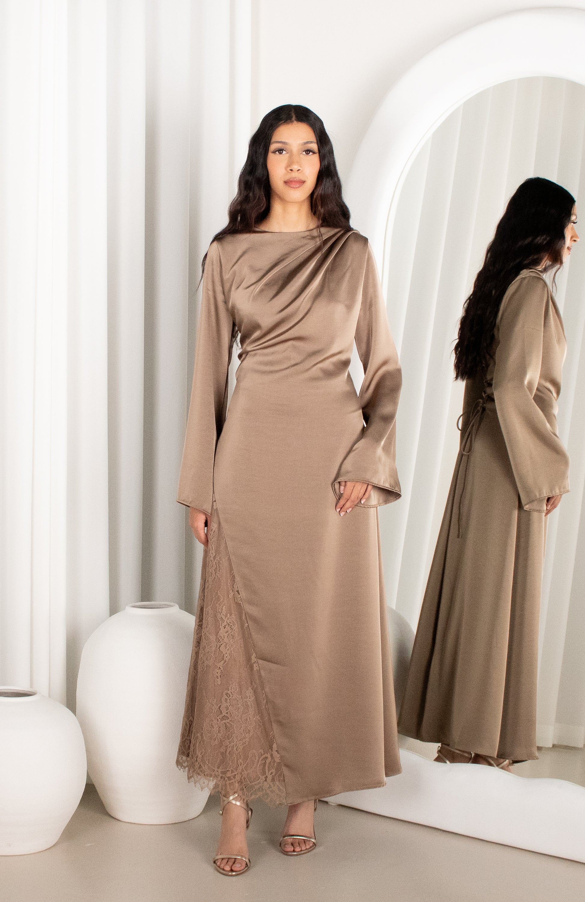 Mocha satin lace maxi dress with draped neckline, Hadara Boutique