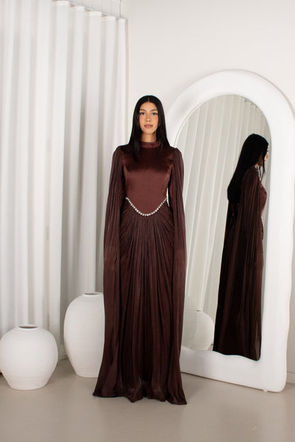 The BAYDAH Gown - Brown, cape sleeve beaded gown (image 1)