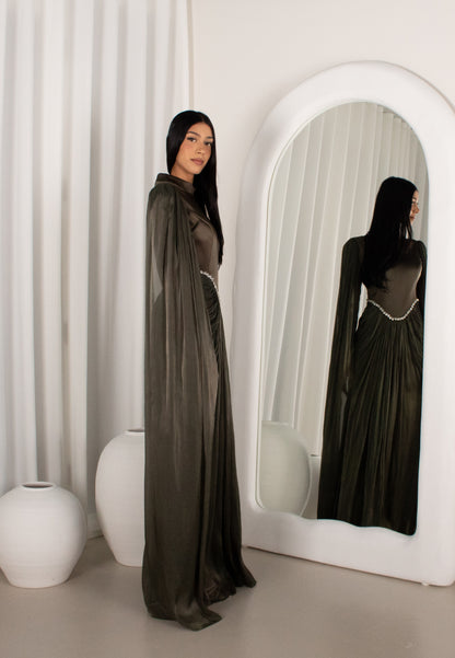 The BAYDAH Gown - Olive, cape sleeve beaded gown (image 3)