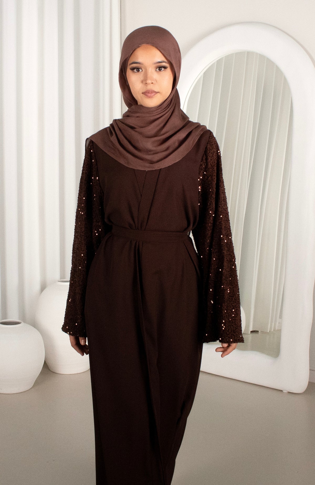 Hadara Rosticil DIYAH Open Abaya, Chocolate | Sequin | Hadara – Hadara Boutique