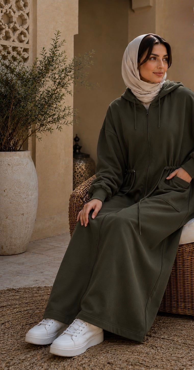 Woman in a khaki outfit sitting on a woven chair in an outdoor setting.