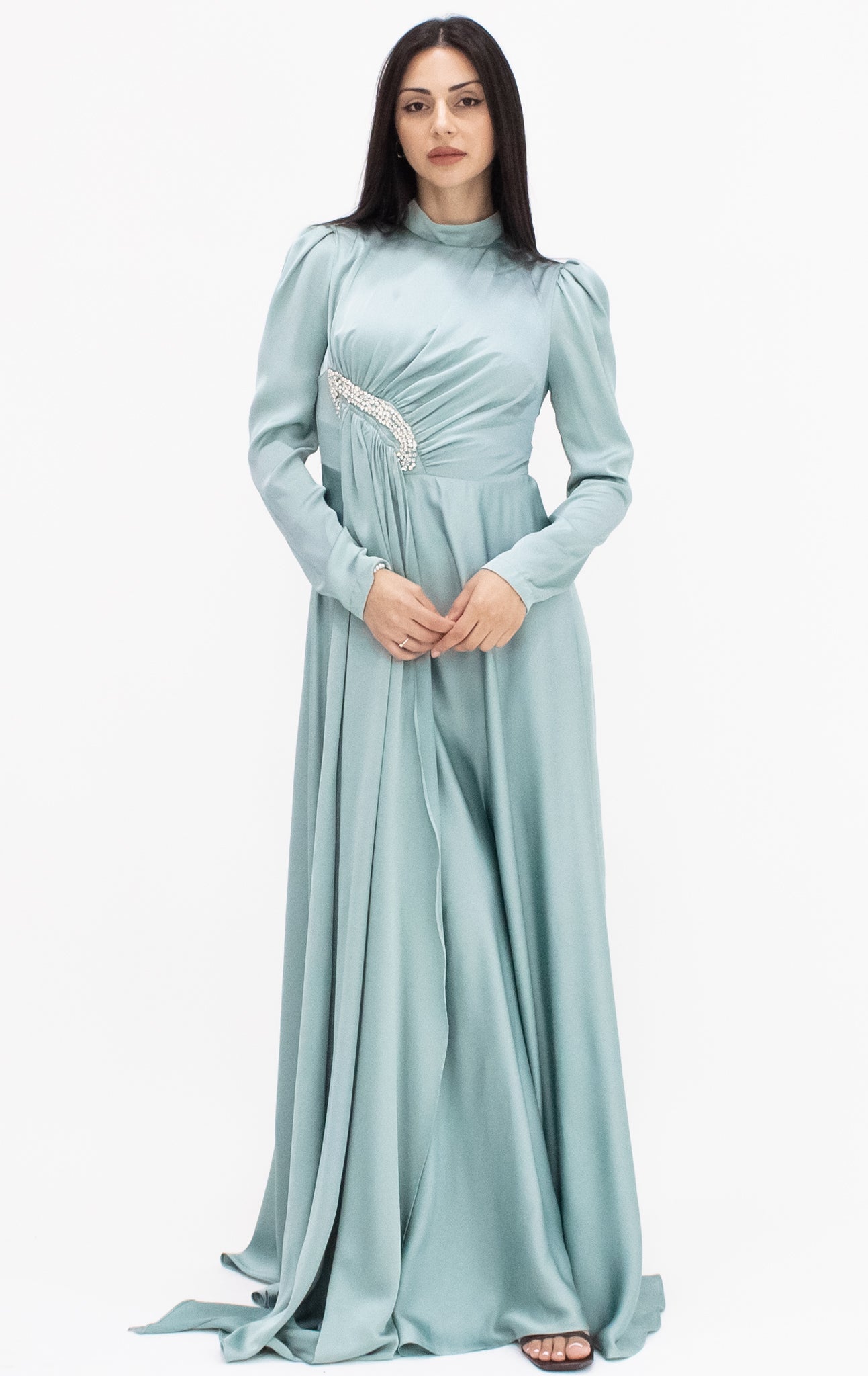 Mia Satin Gown in Sage by Hadara Boutique