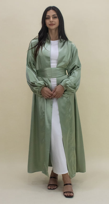 Luxe Satin Open Abaya in Mint by Hadara Boutique