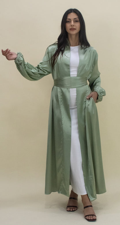 Luxe Satin Open Abaya - Mint