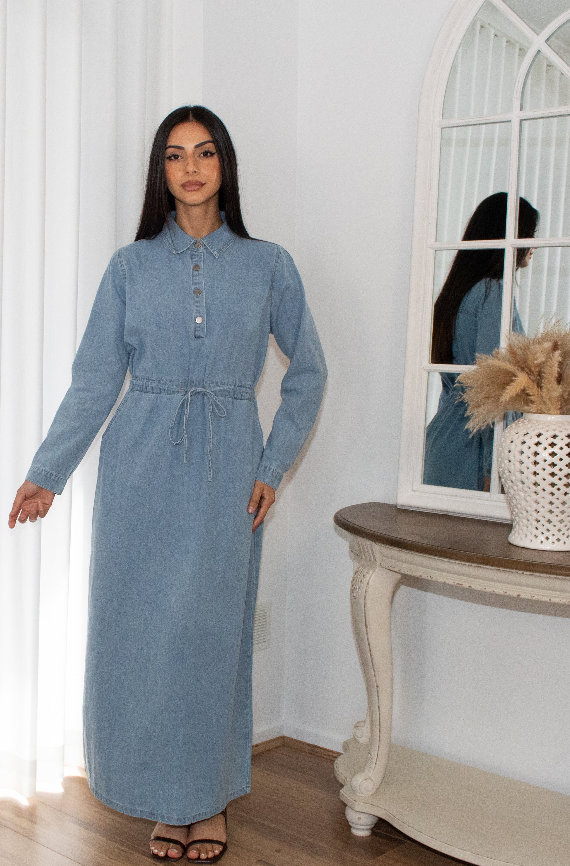 drawstring denim dress Women's Denim blue Drawstring-Waist Denim Dress
