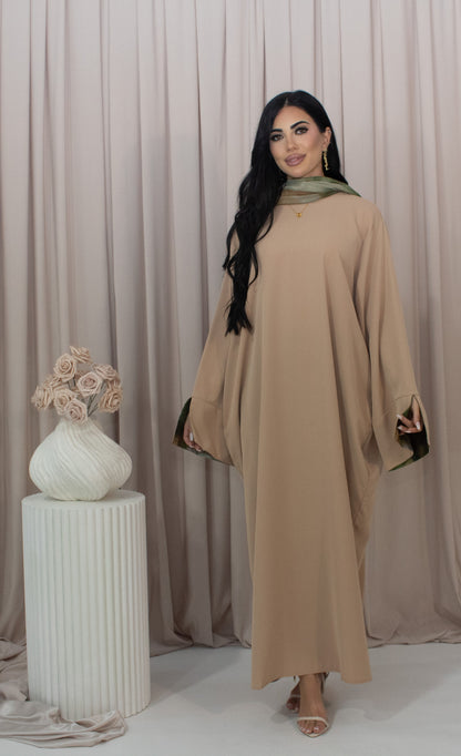 Nadira Tan Two Tone Abaya, matching hijab (image 1)
