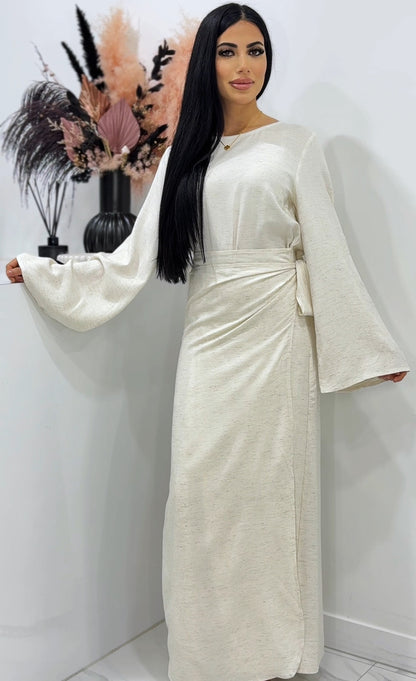 Alara Oatmeal Modest Wrap Dress, maxi (image 1)