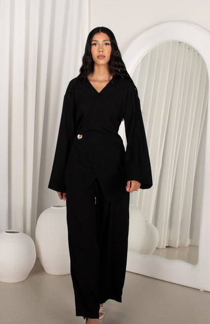 IZAH Set - Black, wrap top & wide leg pants (image 1)