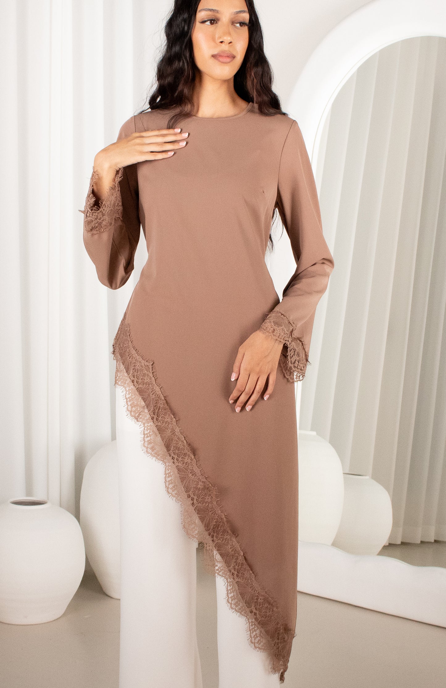 Mocha lace long top with long sleeves and tie-back detail, Hadara Boutique
