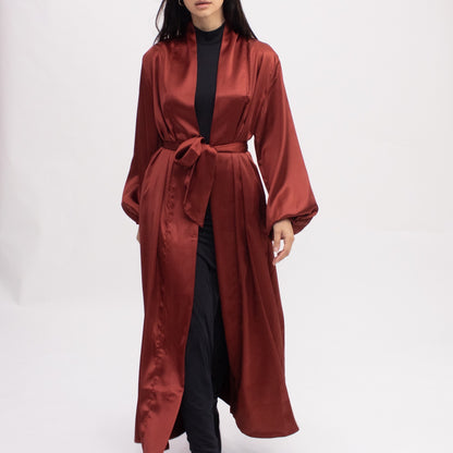 Luxe Satin Open Abaya in Rust by Hadara Boutique